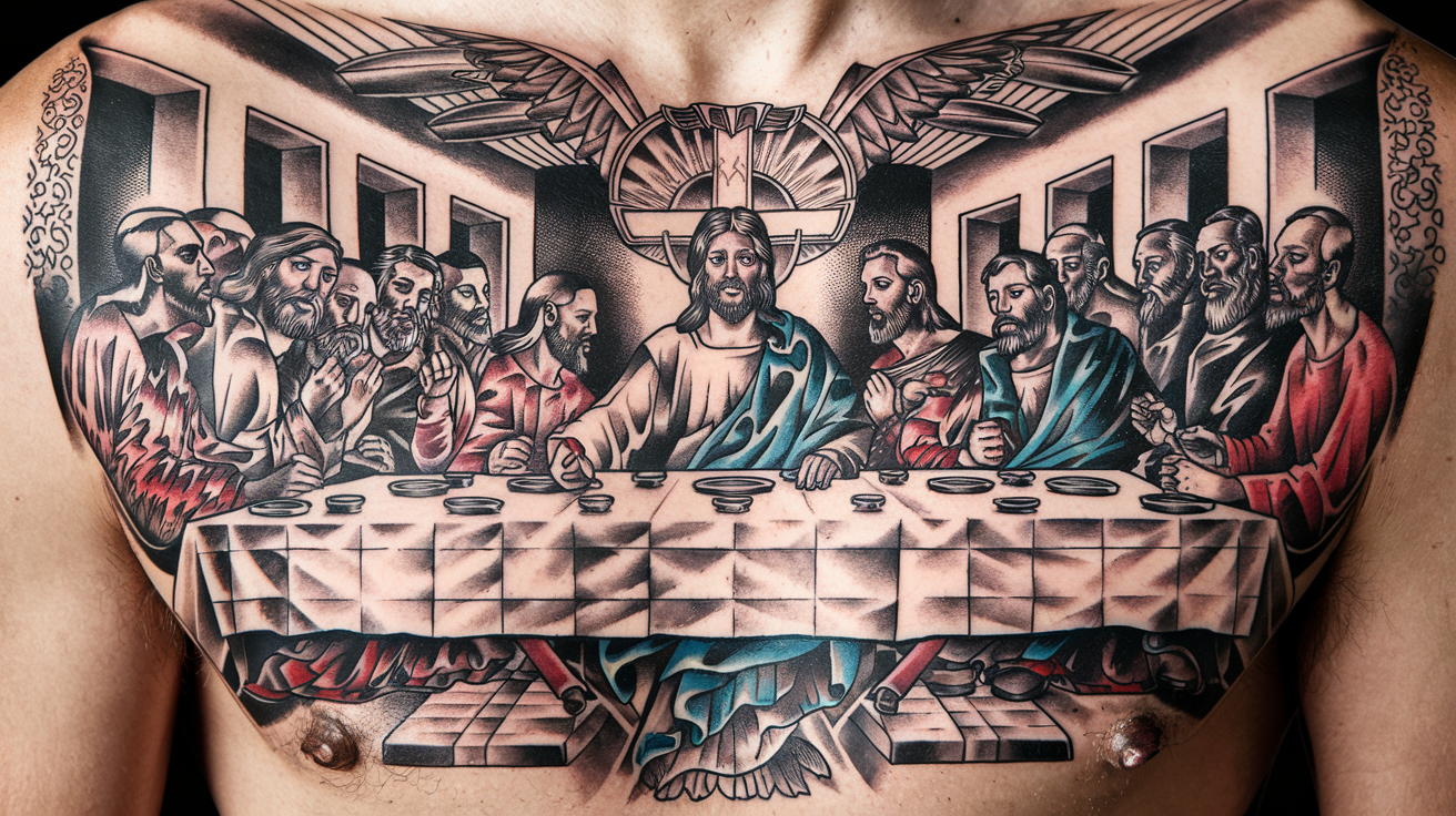 A detailed chest tattoo depicting "The Last Supper" with Jesus and his twelve disciples. This creative interpretation includes prominent shading, intricate linework, and illustrates the artistry of tattoos.