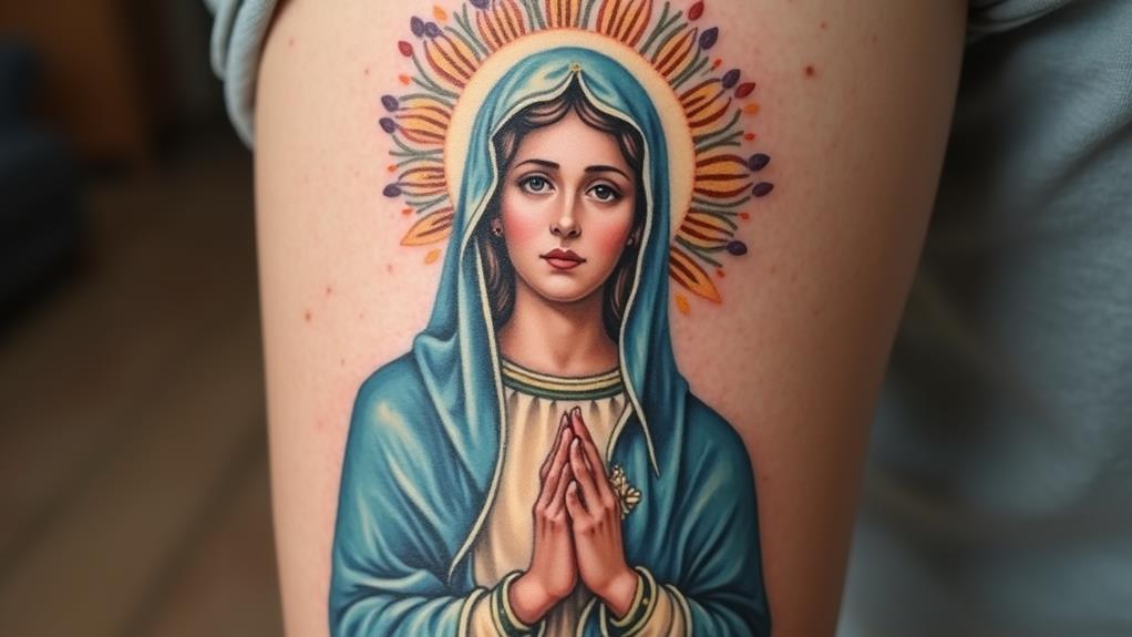 A detailed tattoo of a religious figure, showcasing the Virgin Mary with a halo, hands clasped in prayer, and wearing a blue and white garment, is displayed on a person's skin. This elegant design idea captures both devotion and artistry.